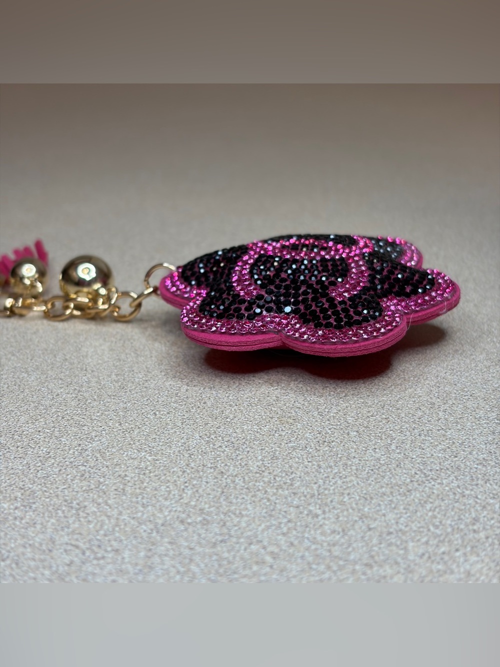 Pink Rhinestone Camellia Flower Keychain / Purse Charm - Picture 3 of 7